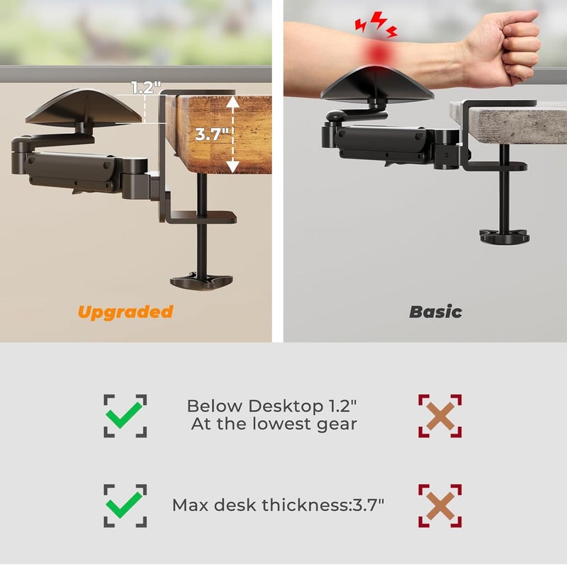 JOY worker Universal Clamp-on Adjustable Arm Rest, Ergonomic 360° Rotating Elbow Rest Pad for Desk, 6-Level Height Desk Arm Support for Thicker Desktop, Left/Right Hand, Black - Image 3